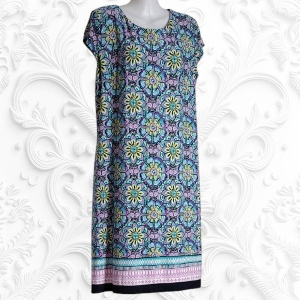 Liz Claiborne Blue and Green Cap Sleeve Mandala Shift Dress Size Large